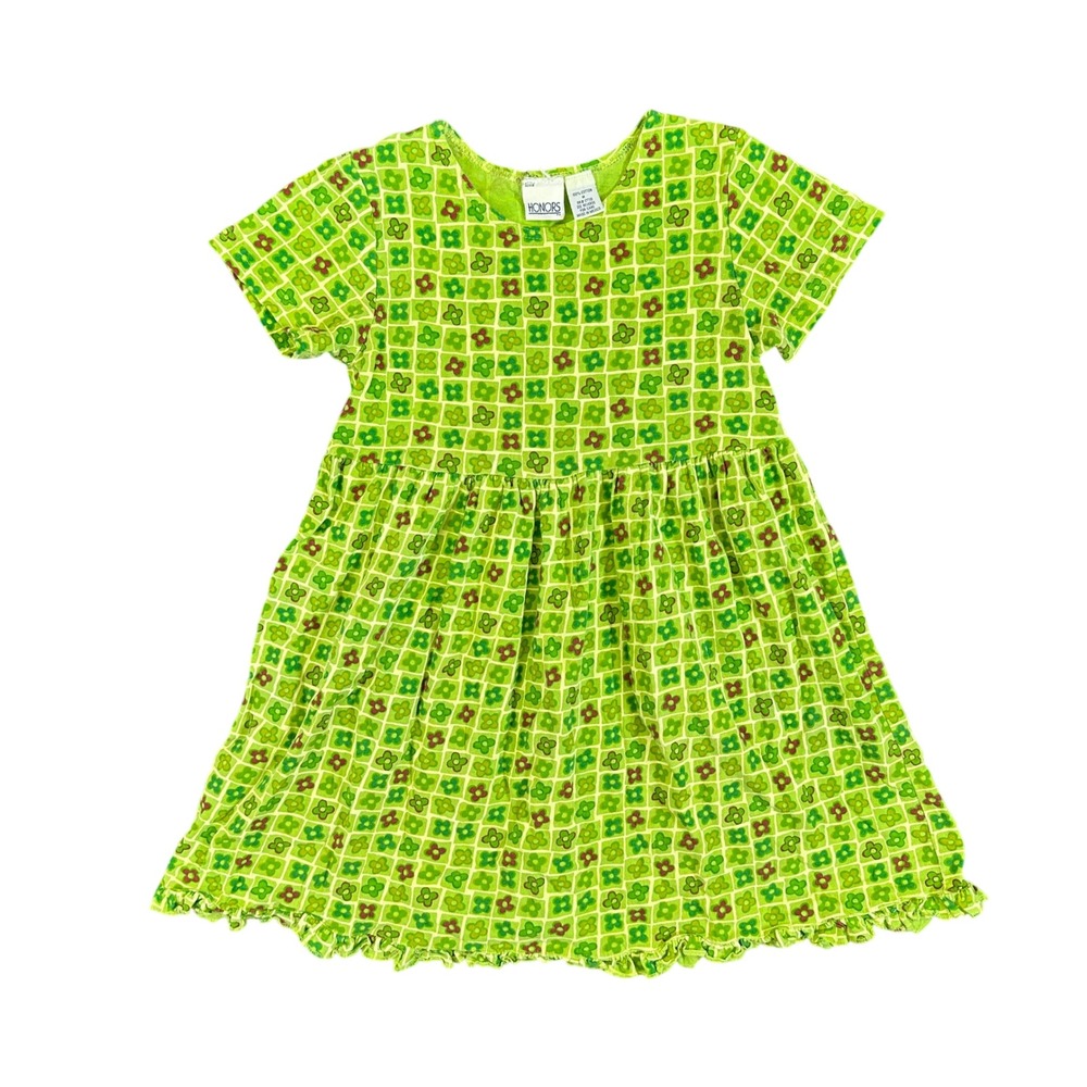 Vintage Honors Lime Green Floral Grid Babydoll Dress Cotton Ruffle Hem Medium